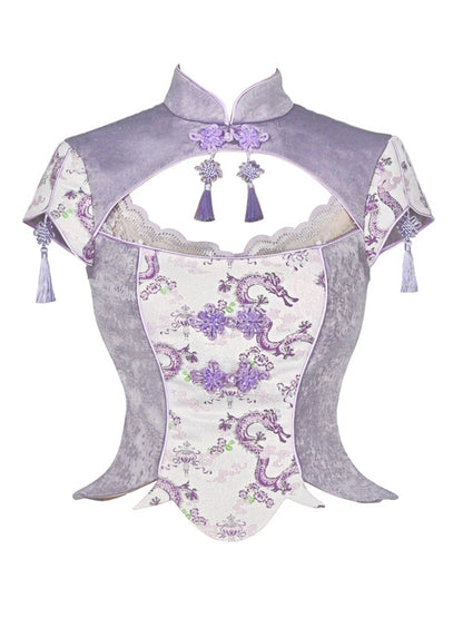 Purple Cheongsam Collar Short Sleeves Top Tassel Charm Decorated
