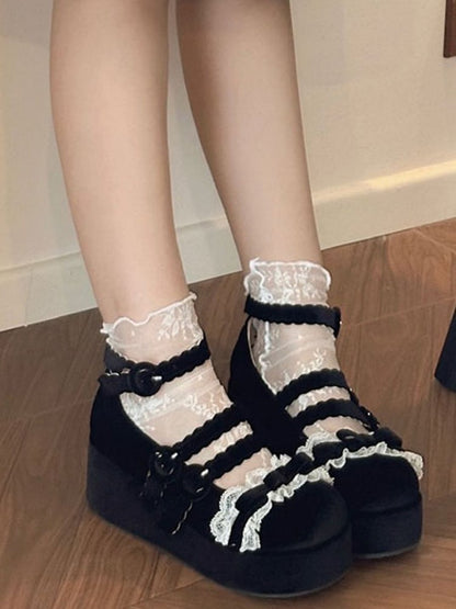 Lace Trim Bowknot at Top Velvet Black Buckle Straps Platforms