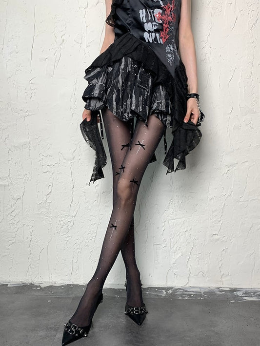 Black&Red Y2K Bowknot Details Polka-dot Pattern Tights