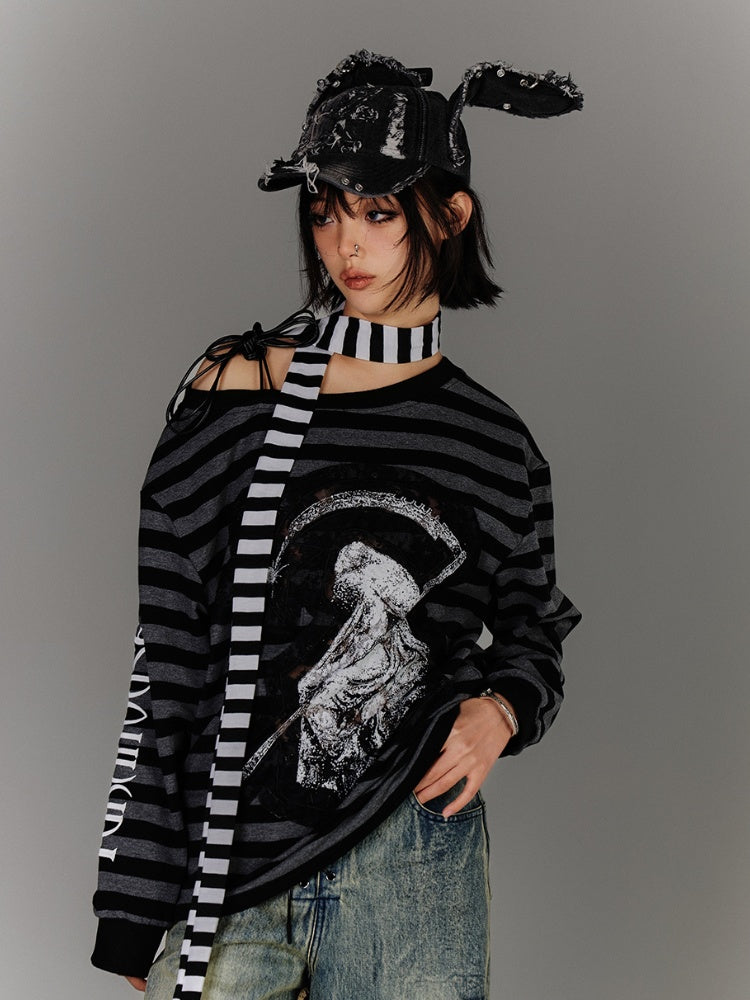 Black & Gray Stripes Drawstring Design Asymmetrical Neckline Applique Punk Top