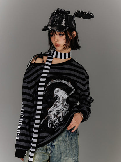 Black & Gray Stripes Drawstring Design Asymmetrical Neckline Applique Punk Top