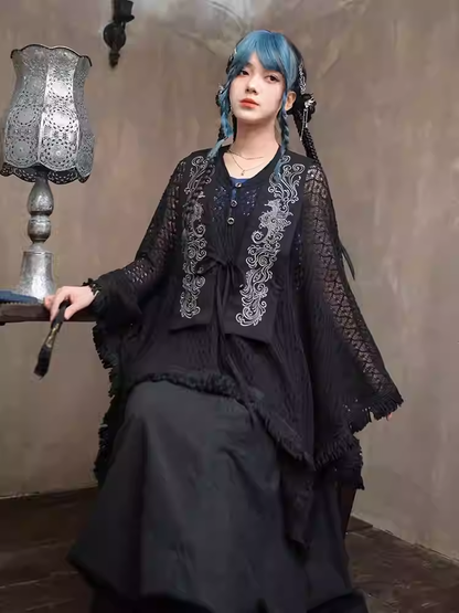 Tassel Hem Black Cheongsam Style Hollow-out Cape Cardigan with Detachable Seahorse and Coral Embroidery Collar