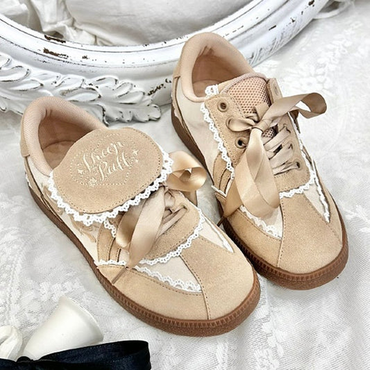 Khaki Fold-over Design Lace Trim Sneakers