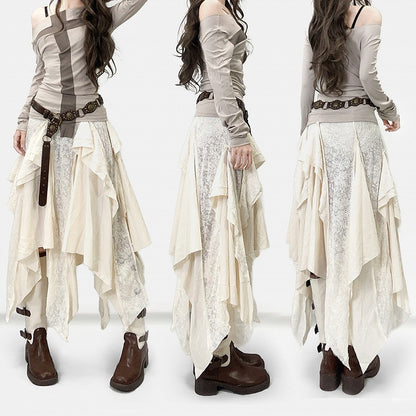 White Contrast Lace Patches Asymmetrical Hem Skirt