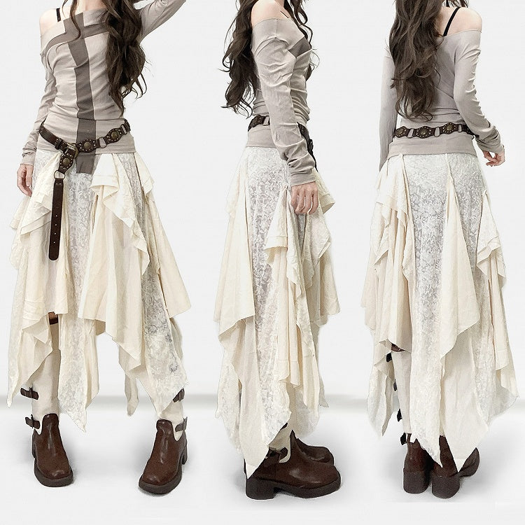 White Contrast Lace Patches Asymmetrical Hem Skirt