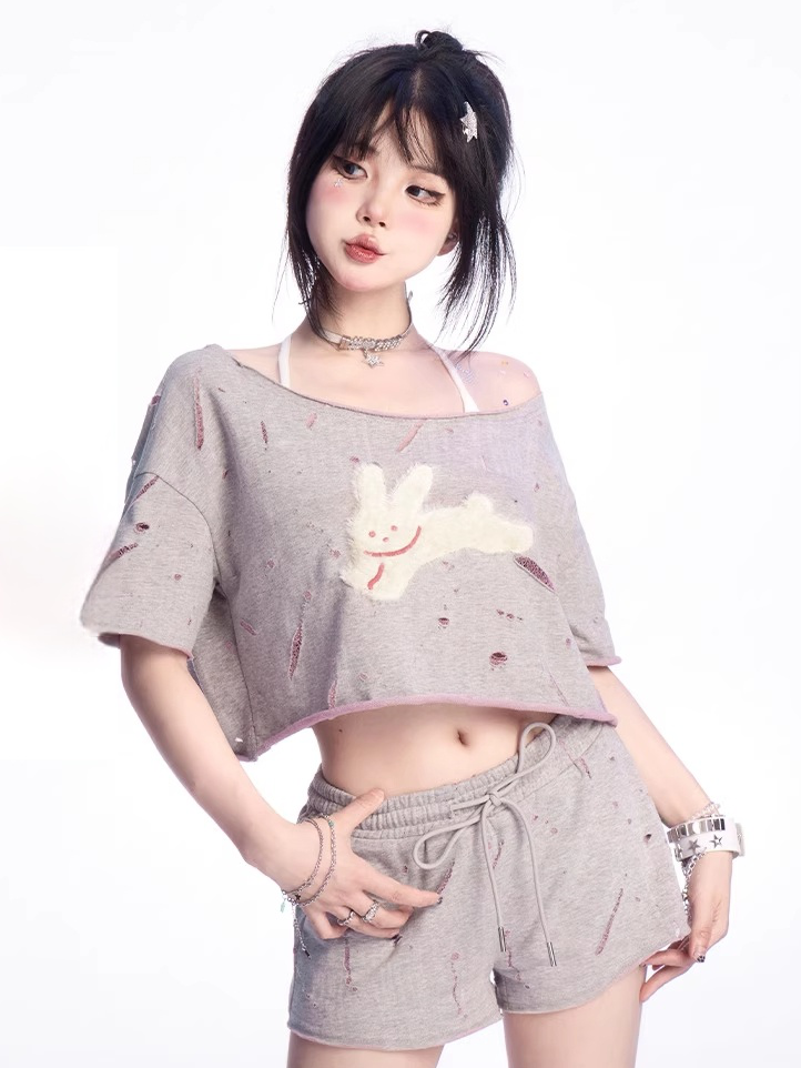 Gray Asymmetrical Neckline Plush Bunny Applique Distressed Holes T-shirt