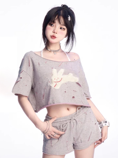 Gray Asymmetrical Neckline Plush Bunny Applique Distressed Holes T-shirt
