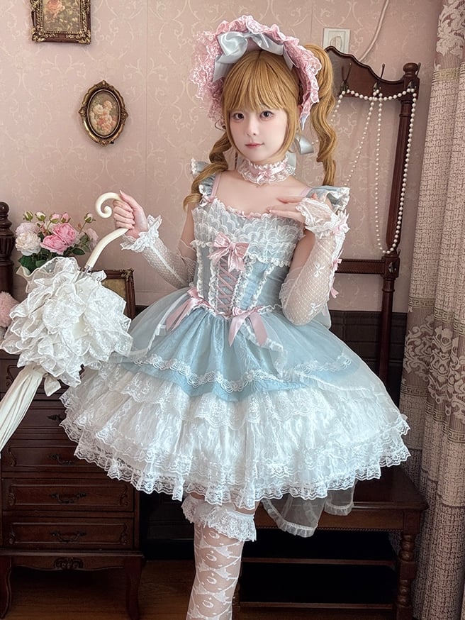 Light Blue Flutter Sleeves Three-layered Tiered Skirt Balletcore Sweet Lolita Jumper Skirt