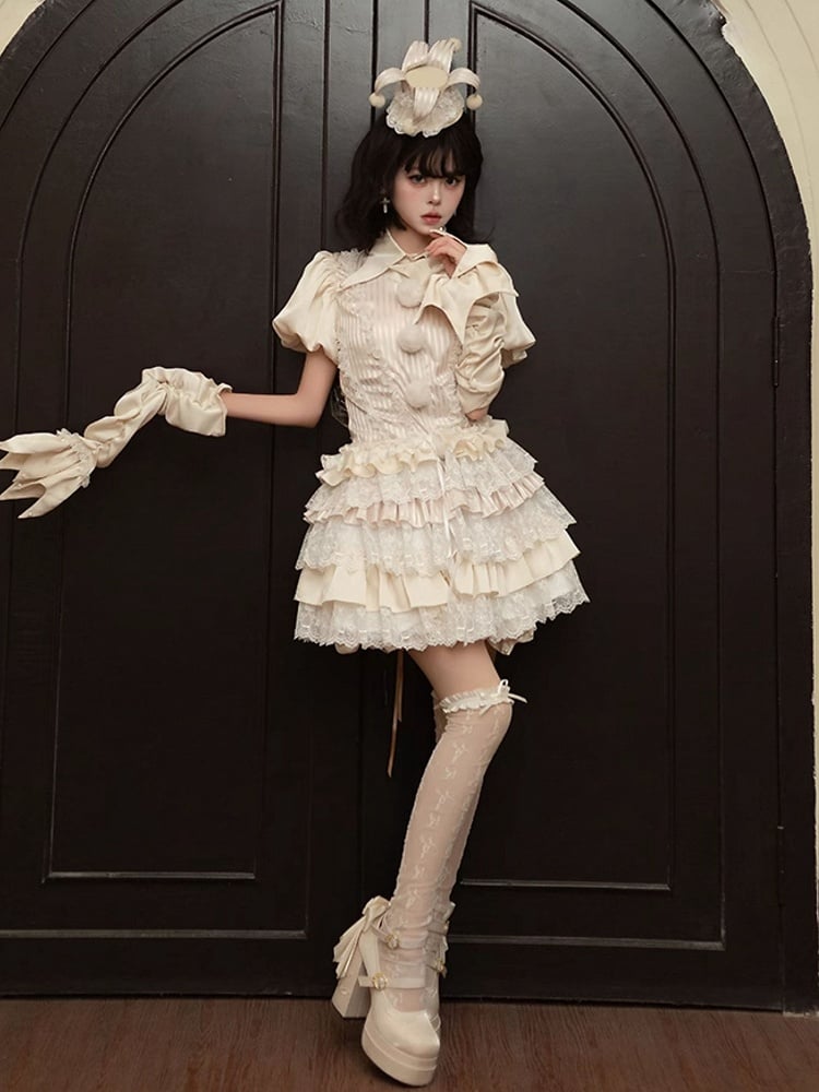 Circus Clown Vibes Ouji Lolita Outfit - Apricot Pointed Collar Shirt + Bloomer Shorts + Garters