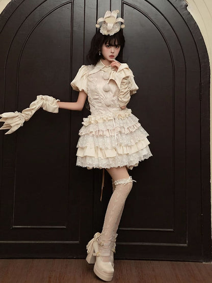 Circus Clown Vibes Ouji Lolita Outfit - Apricot Pointed Collar Shirt + Bloomer Shorts + Garters
