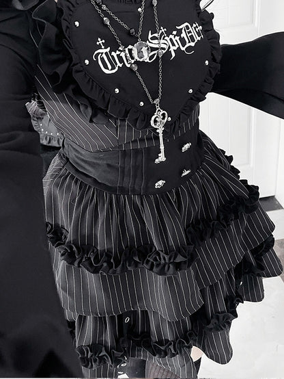 Black Gothic Off-the-shoulder Neckline Letter Print Striped Pattern Bell Sleeves Dress