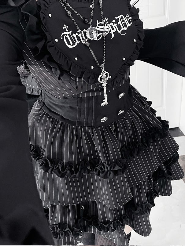 Black Gothic Off-the-shoulder Neckline Letter Print Striped Pattern Bell Sleeves Dress