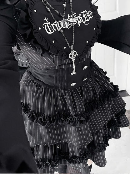 Black Gothic Off-the-shoulder Neckline Letter Print Striped Pattern Bell Sleeves Dress