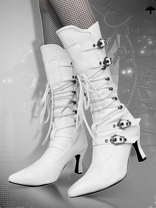 Gothic White Lace-up Detail Pointed Toe Punk Boots