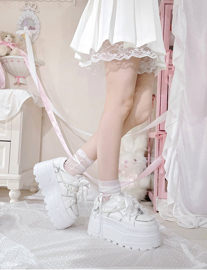 Jirai Kei White Rhinestone Platform Shoes with Detachable Beaded Chain