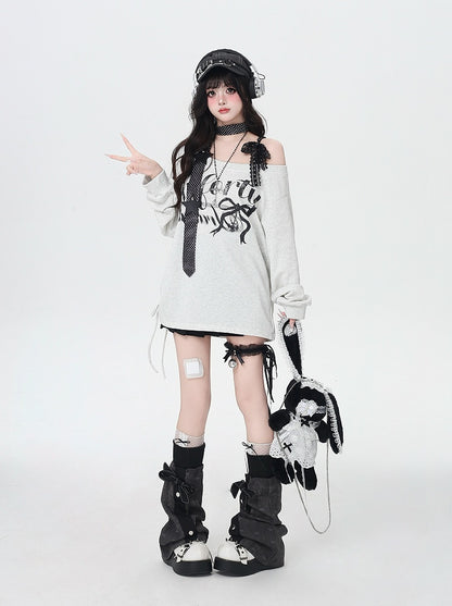 Light Gray Asymmetrical Neckline Letter Print Loose Sweatshirt