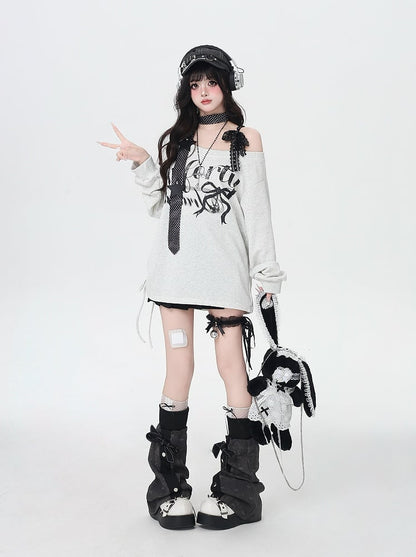 Light Gray Asymmetrical Neckline Letter Print Loose Sweatshirt