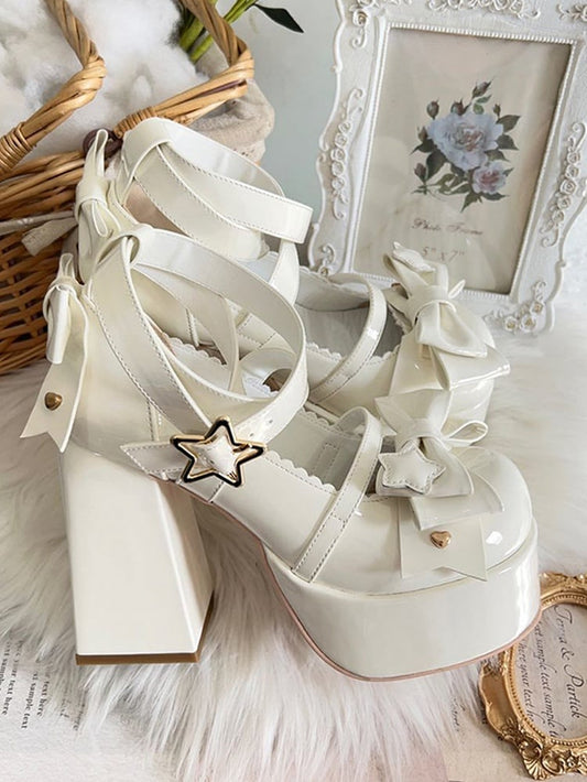 Beige Bow at Top Crisscross Design Sweet Lolita Platform High Block Heels