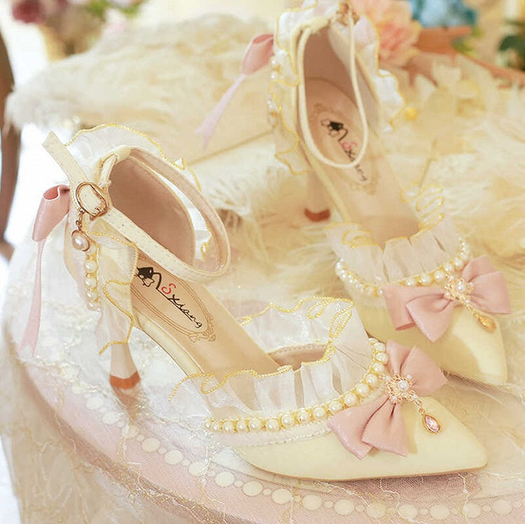 Beige Bow Accent Bead Decorated Pointed Toe Hime Lolita 5CM/8CM Heels