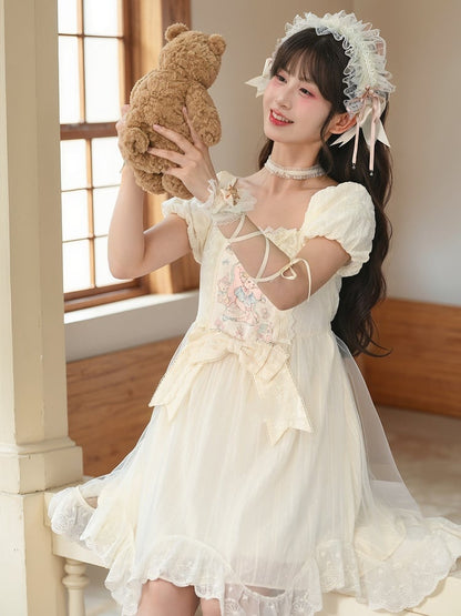 Sweet Fairy Tale Print Apricot Square Neckline and Short Puff Sleeves Big Bow Waist Casual Lolita Dress