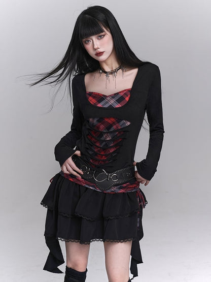 Sweetheart Neckline Distressed Holes Faux Two-pieces Red Plaid Top