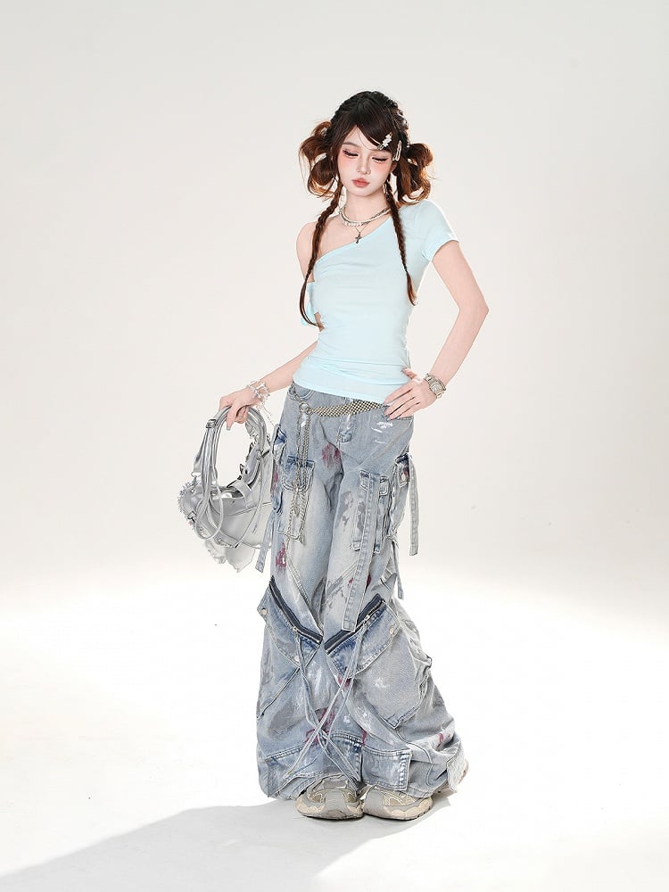 Baby Blue Asymmetrical Neckline Slim-fitting T-shirt