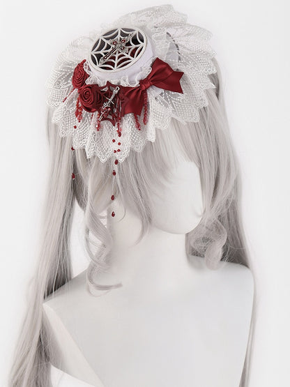 Gothic Cross and Sword White and Red Rosettes Bowknot Mini Flat Hat with Beads