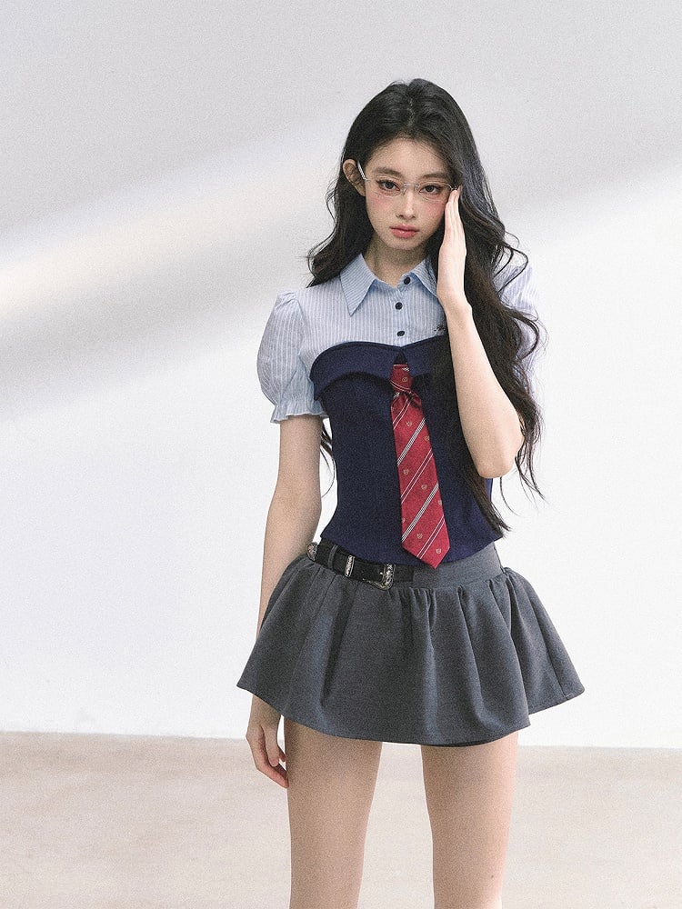 Gray & Pink / Navy Blue Striped T-shirt Faux Two-pieces with Free Tie