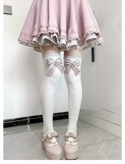 Dusty Pink Bow Detail Front Heart Rhinestone Jirai Kei Over Knee Stockings
