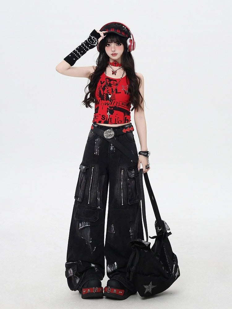 Black/Light Blue Low Rise Spray Paint Print Wide-leg Cargo Jeans