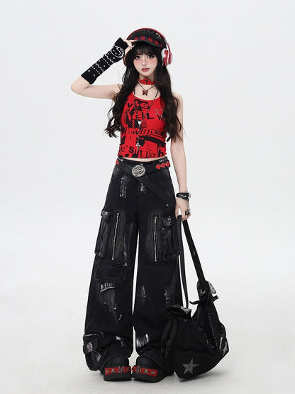 Black/Light Blue Low Rise Spray Paint Print Wide-leg Cargo Jeans