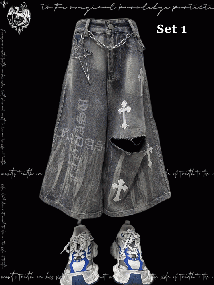 Y2K Blue Cross Appliques Distressed Holes Wide-Leg Jeans