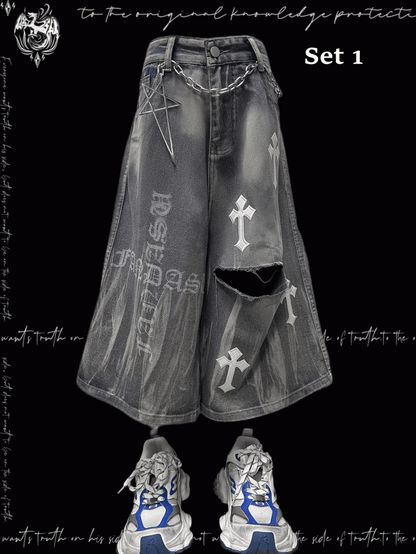 Y2K Blue Cross Appliques Distressed Holes Wide-Leg Jeans