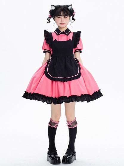Pink and Black Kitty Maid Lolita Short Puff Sleeves Dress + Black Apron