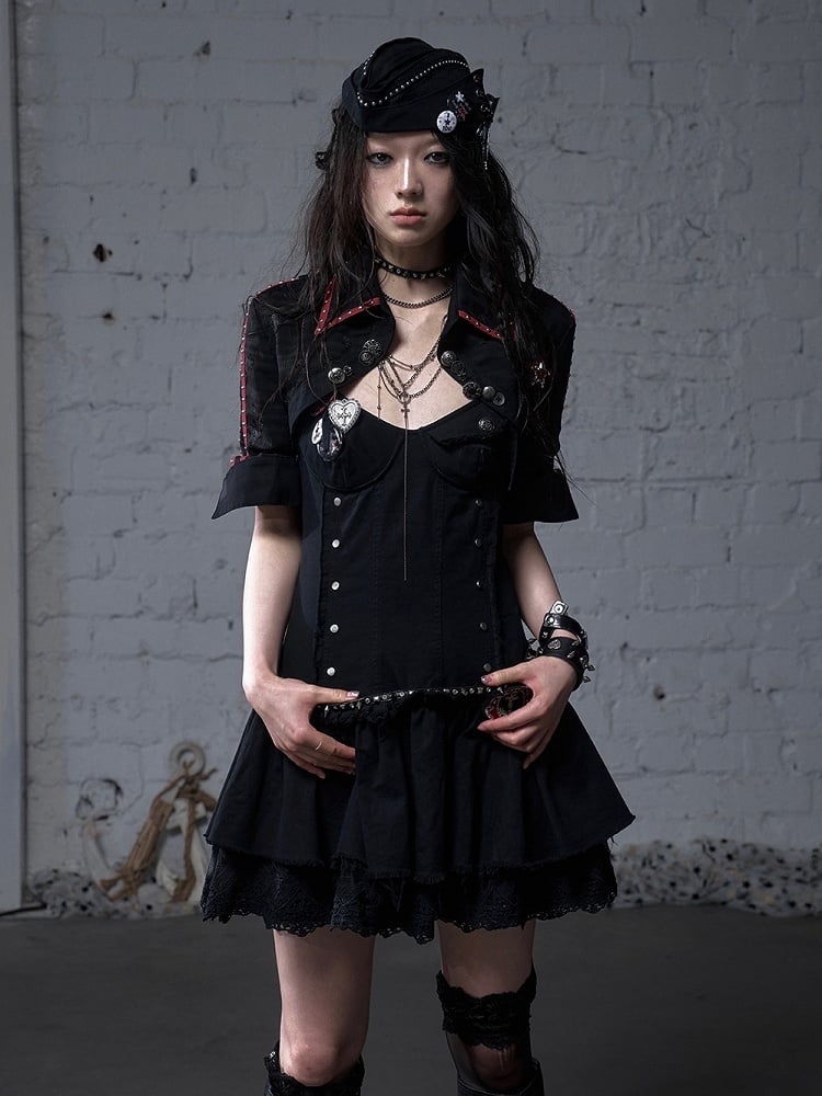 Black/White Pointed Flat Collar Studs and Metal Buttons Open Placket Navycore Top