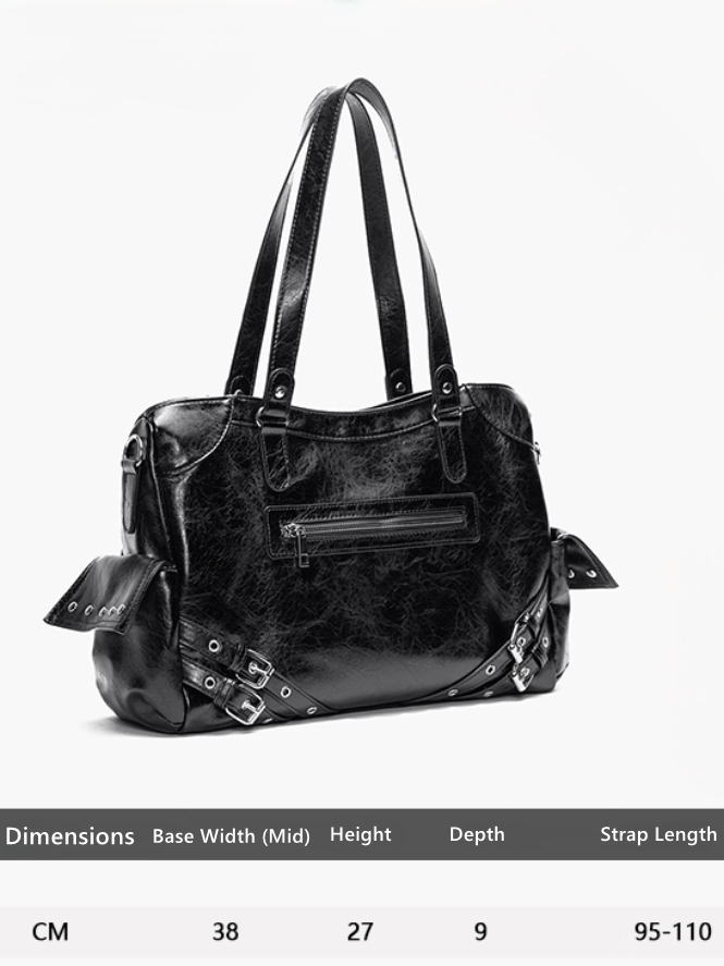 Black Studded Tote Bag With Buckle Strap Accents&Large Capacity