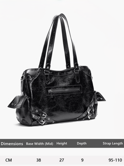 Black Studded Tote Bag With Buckle Strap Accents&Large Capacity