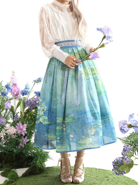 Water Lily Oil Painting Print Blue and Green High Waist Skirt Long/Short Version