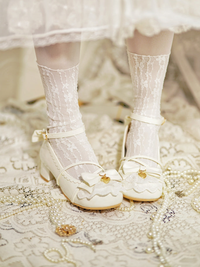 Milky White Heart Charm Bow at Top Lace Trim Crisscross Design Lolita Shoes