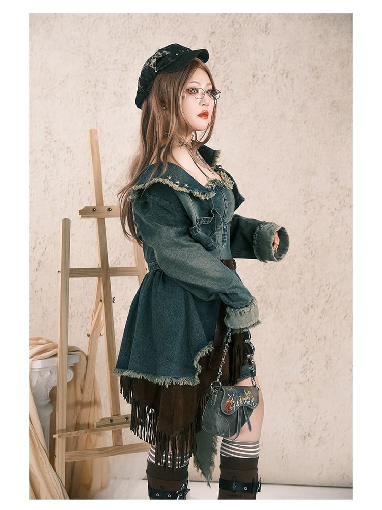 Plus Size Y2K Gray-Blue Distressed Denim Slip Dress with Layered Asymmetrical Hem & Star Patch