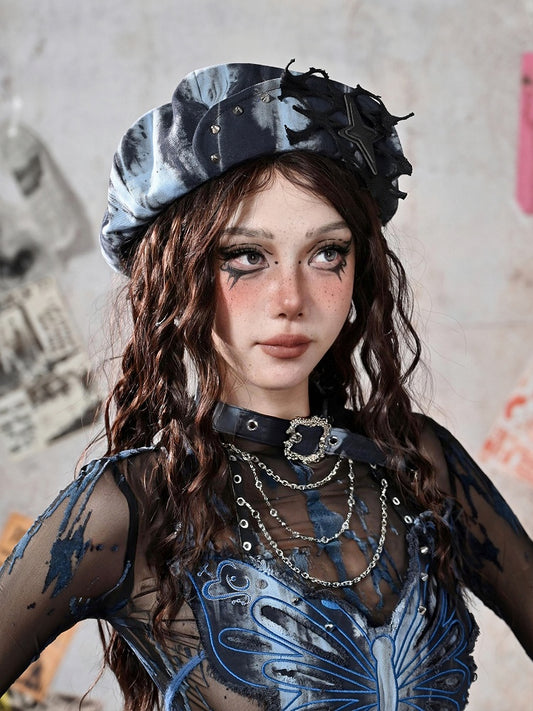 Grunge Punk Rock PU Star Studs Design Blue and Black Tie Dye Beret