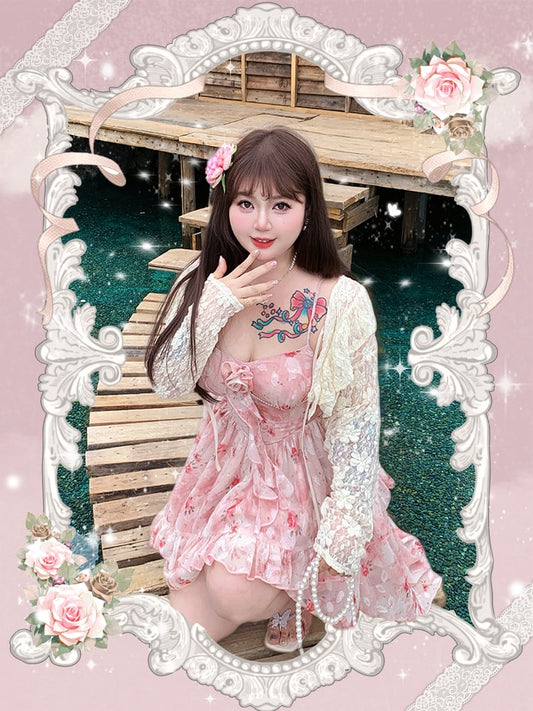 Plus Size Basque Waist Cascading Ruffle Pink Rosette Print Cami Dress High-low Skirt