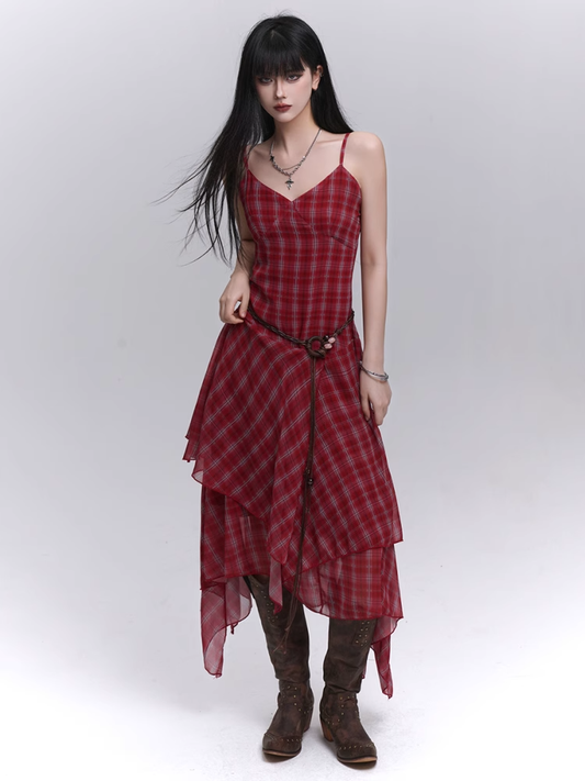 Red Plaid V-Neck Handkerchief Hem Cami Dress