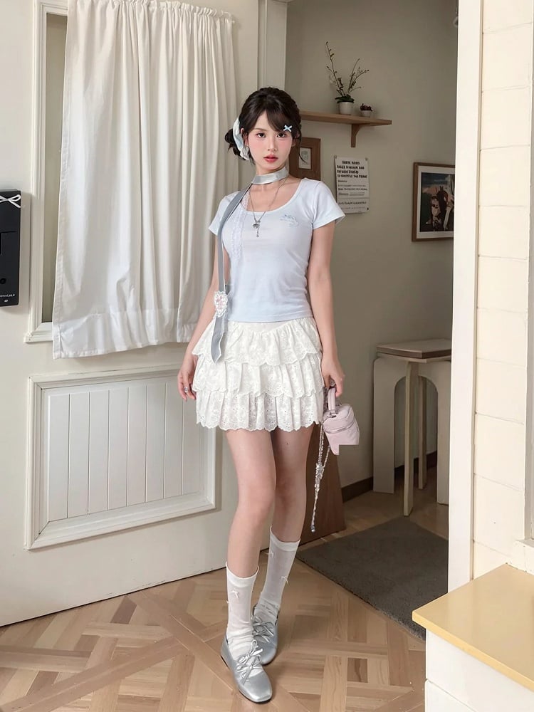 Dolphin-shaped Cutout Back Blue Scoop Neckline T-shirt