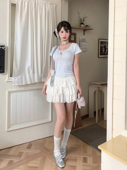 Dolphin-shaped Cutout Back Blue Scoop Neckline T-shirt