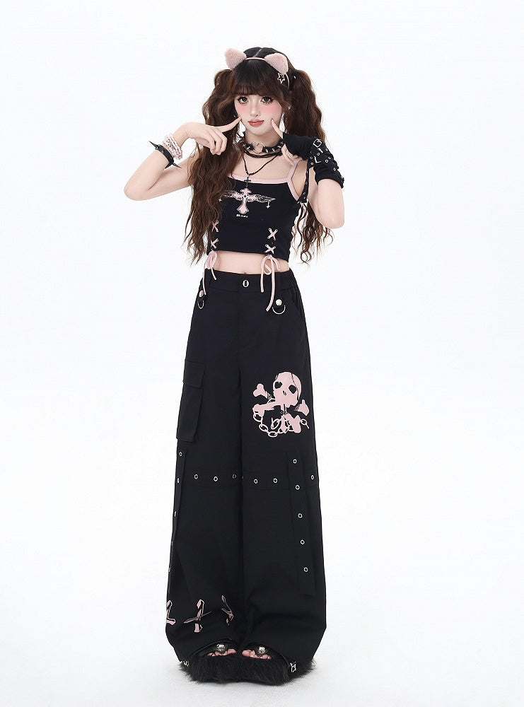 Black/Grey/Pink Skeleton and Cross Print Cargo Pockets Wide-Leg Pants