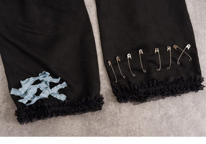 Pins and Studs Decorated Black and Blue Bowknots Gothic Leg Warmers