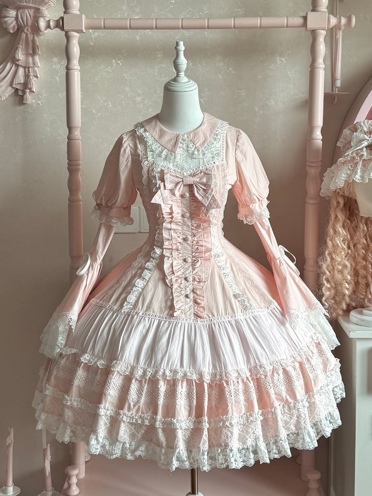 Baby Pink Old School Lolita Lace Trims Short Sleeves Cotton Dress