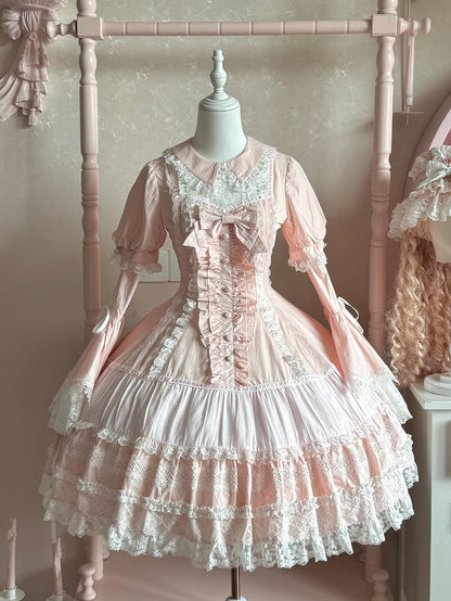Baby Pink Old School Lolita Lace Trims Short Sleeves Cotton Dress