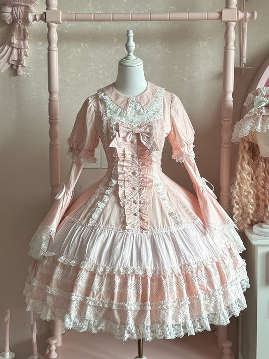 Baby Pink Old School Lolita Lace Trims Short Sleeves Cotton Dress